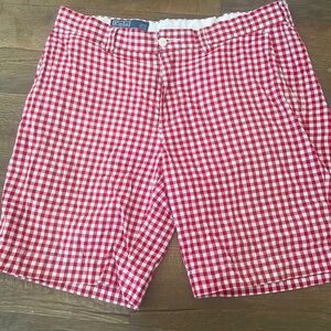 POLO BY RALPH LAUREN MENS GINGHAM CHECK SHORTS. RED/WHITE, WAIST 34”